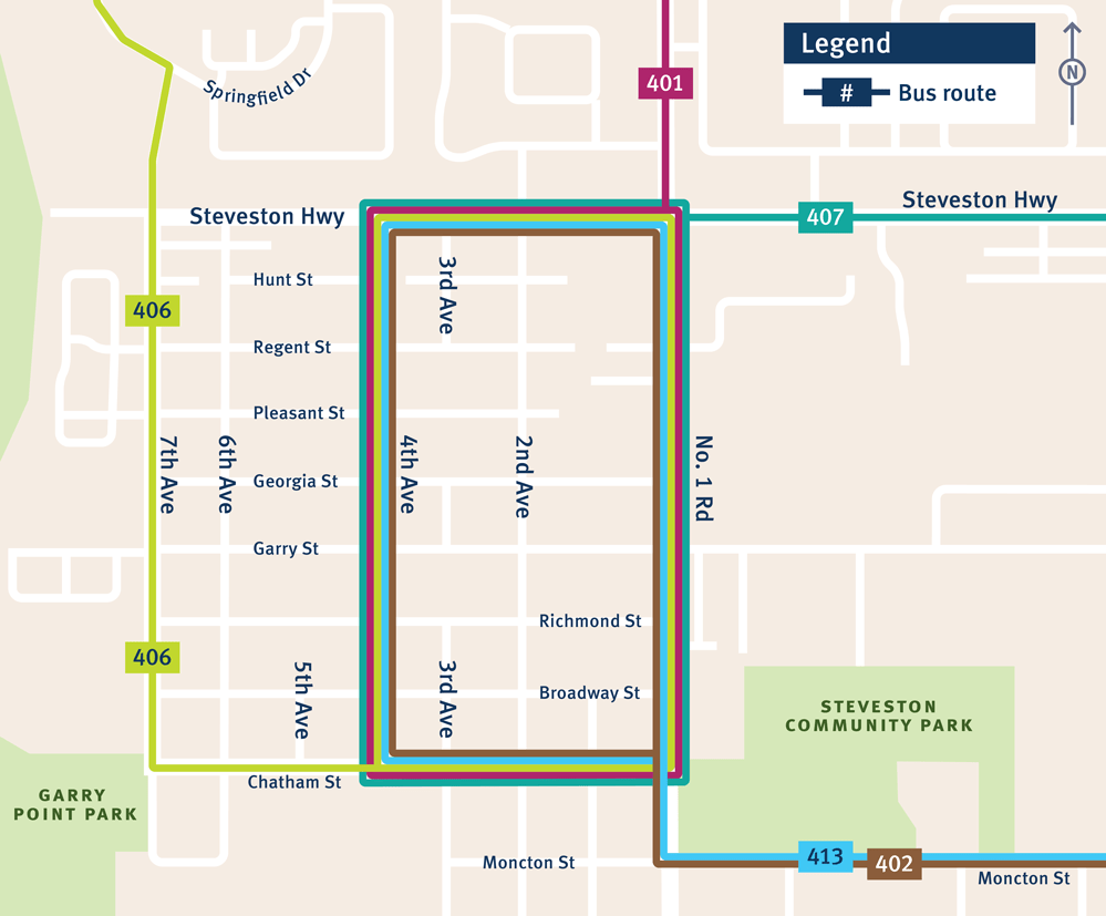 Existing bus routing through Steveston Village