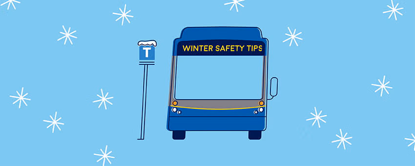 An illustration of a TransLink CMBC bus parked at a bus stop during snowfall, capturing a winter scene.