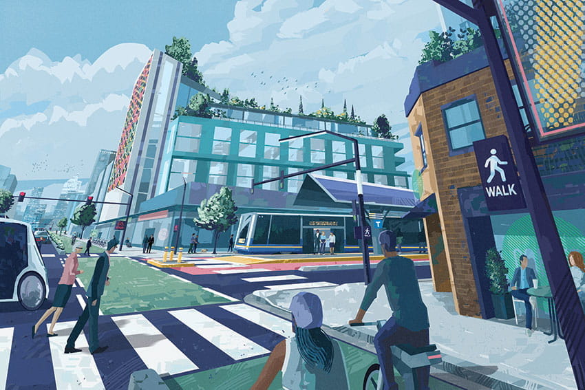 Most long trips are facilitated by fast and reliable rapid transit, which is traffic separated and free from congestion, on major boulevards. The provision of ‘comfortable for most’ active transportation infrastructure invites walking, biking, and rolling as the preferred mode for short trips.