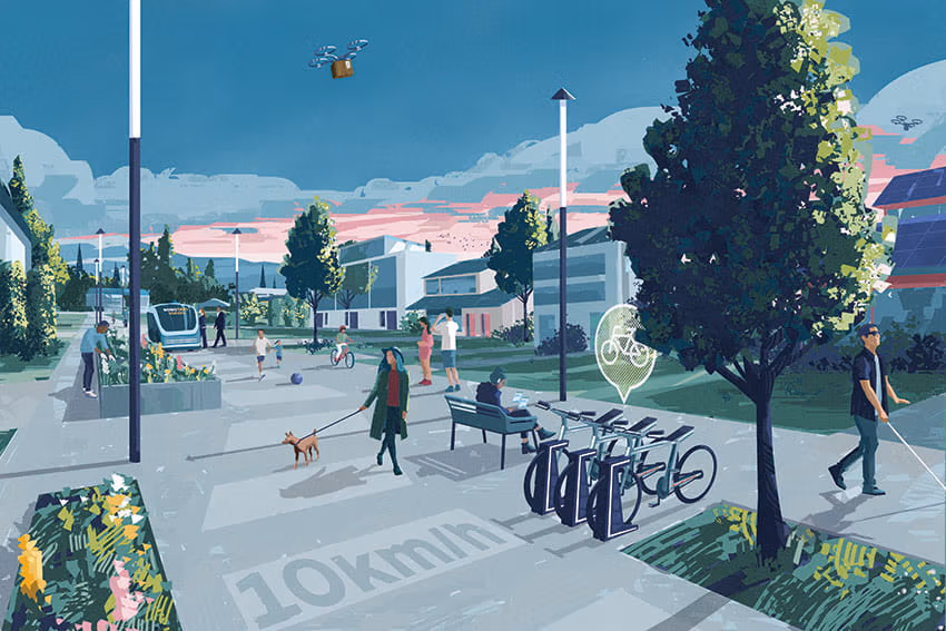 A transformed street puts people first, inviting social gatherings and play, facilitated by a shift away from private vehicle use and storage. Motor vehicles are still welcomed but as low speed guests into this people first space. eBike sharing systems and open up new options for local access to opportunity